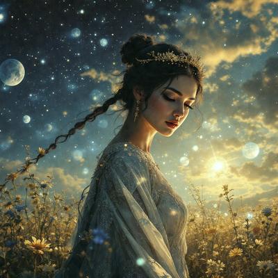 The primary subject of the image is a woman with long hair, wearing a white dress and a crown. She is standing in a field of flowers, surrounded by a beautiful and serene environment. The visual style of the image is a painting, which adds a sense of artistic expression and depth to the scene. The colors and mood of the image are predominantly warm and vibrant, with the woman's white dress and the flowers creating a sense of purity and natural beauty.